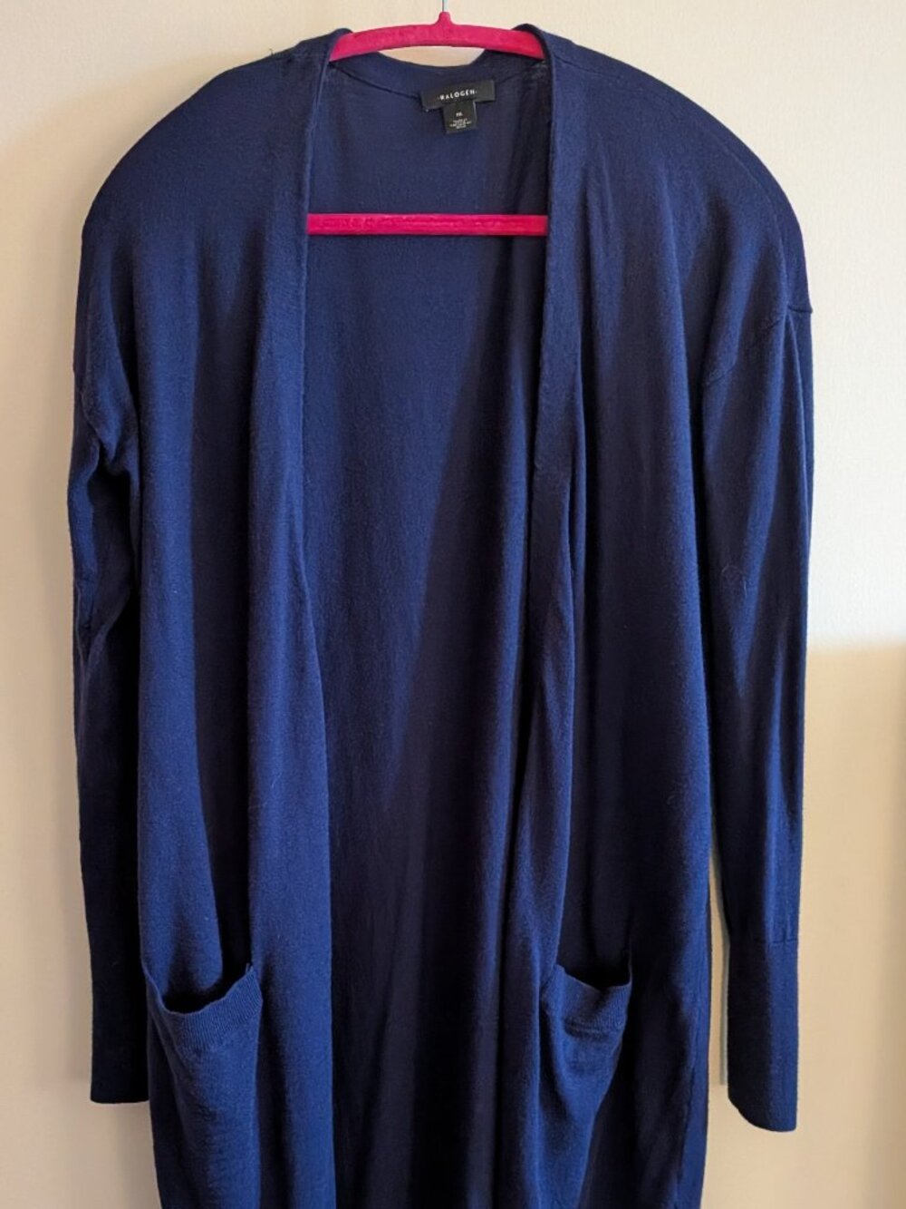 Halogen Knee-Length, Long Sleeve, Open Front Cardigan, Navy Blue, Sz M